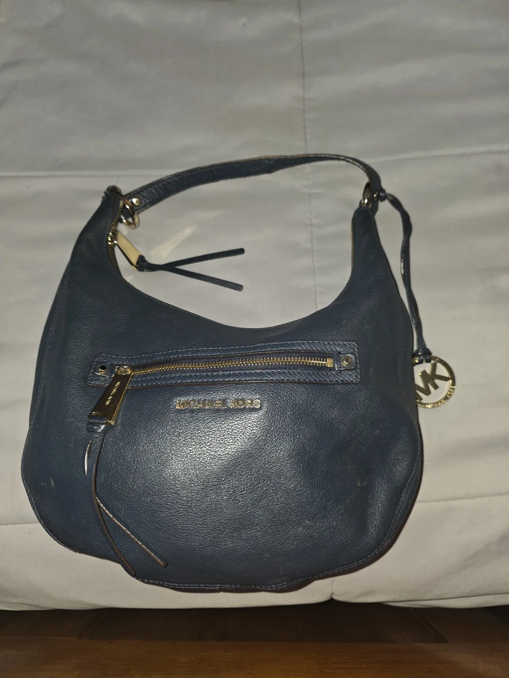 Michael Kors Rhea Blue Pebbled Leather Zipper Pocket Hobo Shoulder Bag
